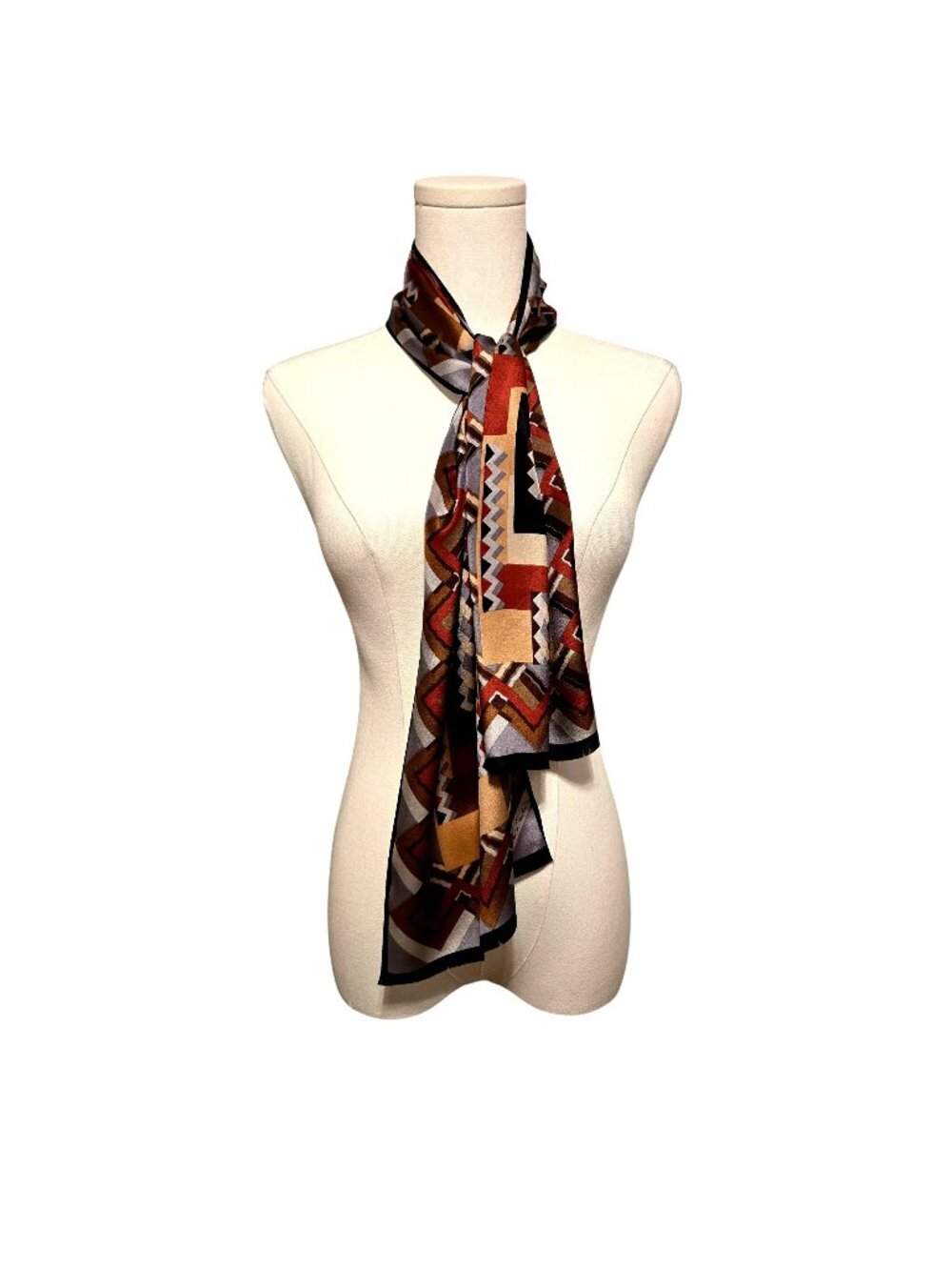Oscar De La Renta Geometric Print Silk Red Tan Gray Oblong Scarf 51"